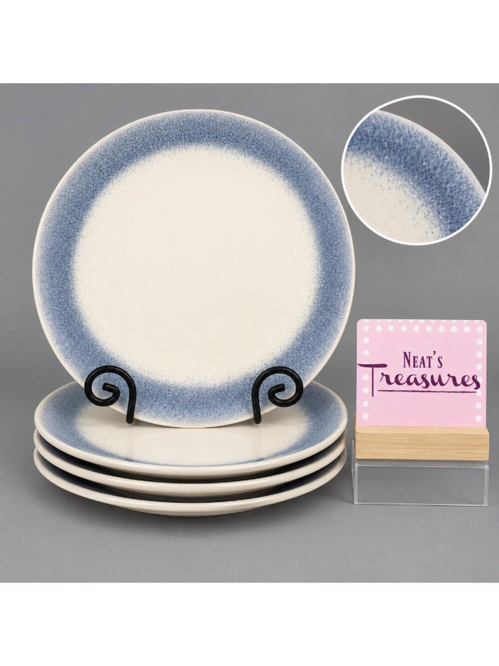 Martha Stewart PERRY STREET BLUE Reactive Blue Band Stoneware Dinner Plate Set 4